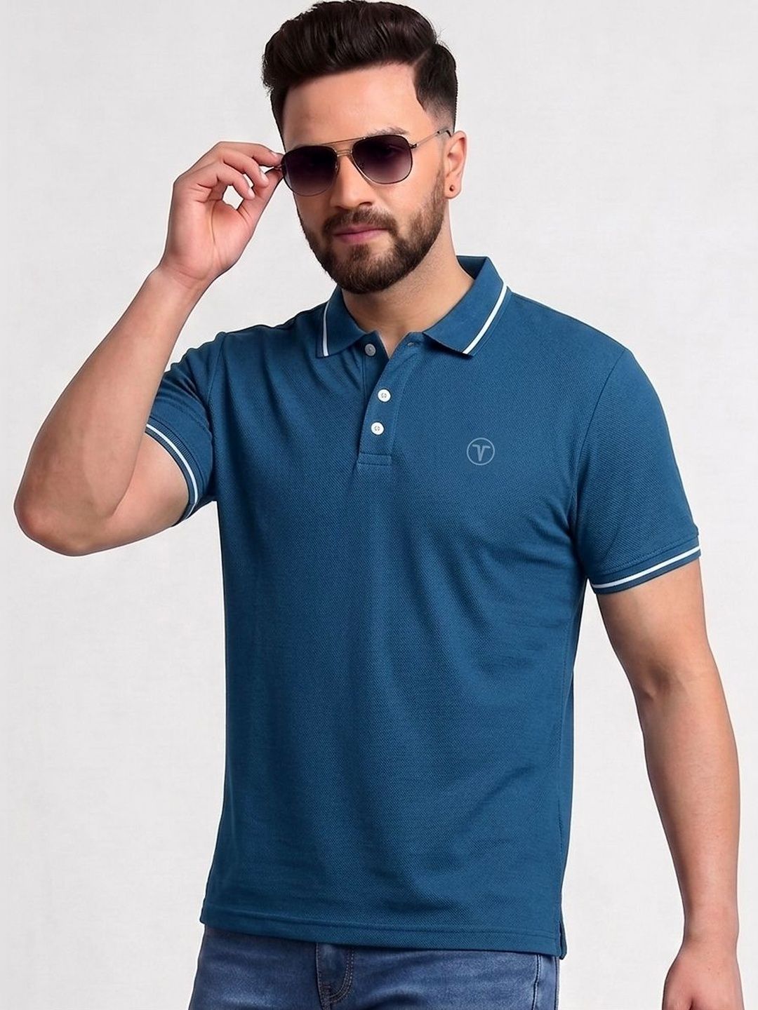 TB BLUE Men Brand Logo Polo Collar Slim Fit T-shirt