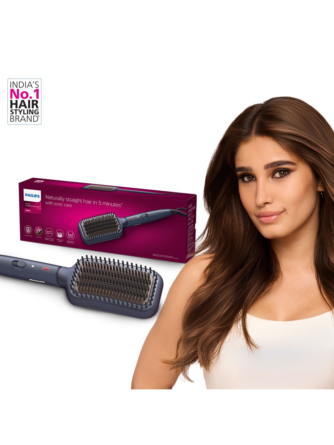 Philips BHH885/10 Hair Straightener Brush ThermoProtect Technology Ionic Care- Navy Blue