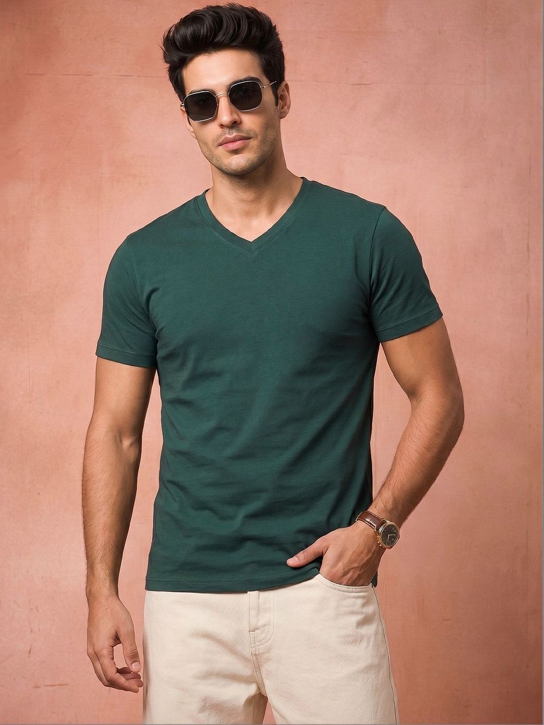 VEIRDO Men V-Neck Pure Cotton Raw Edge T-shirt