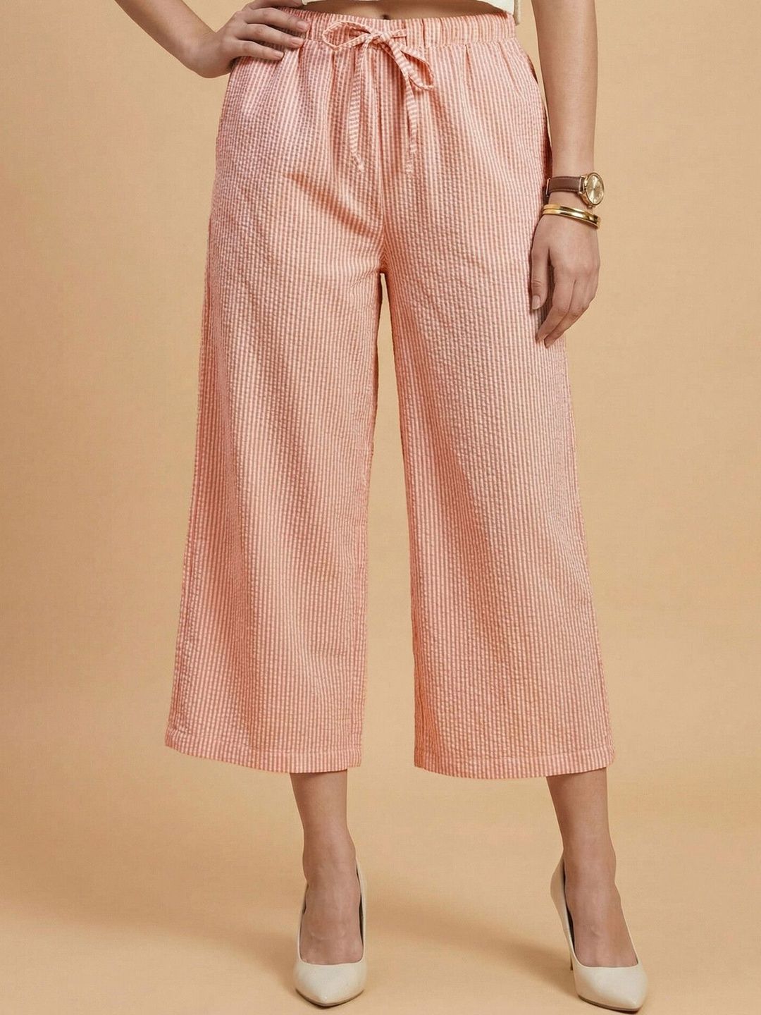 Moda Rapido Women Striped Straight Fit Easy Wash Culottes Trousers