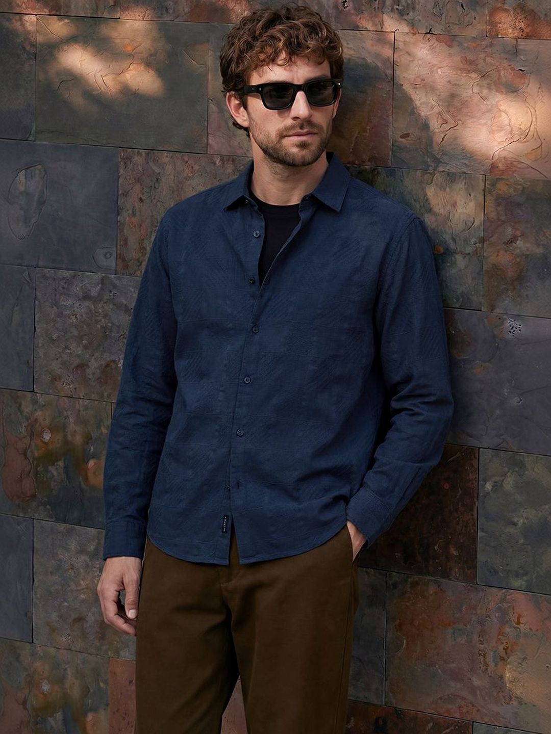 Snitch Navy Blue Jacquard Shirt