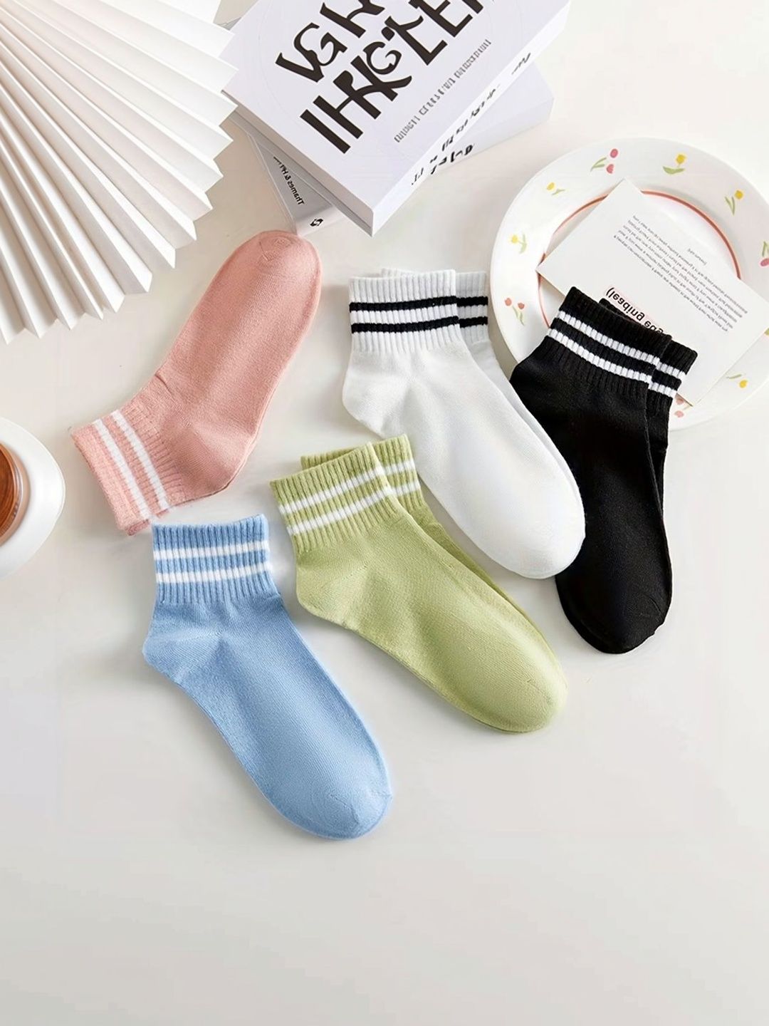 BEAR&BEYOND Men Pack of 5 Cotton Striped Ankle Length Socks