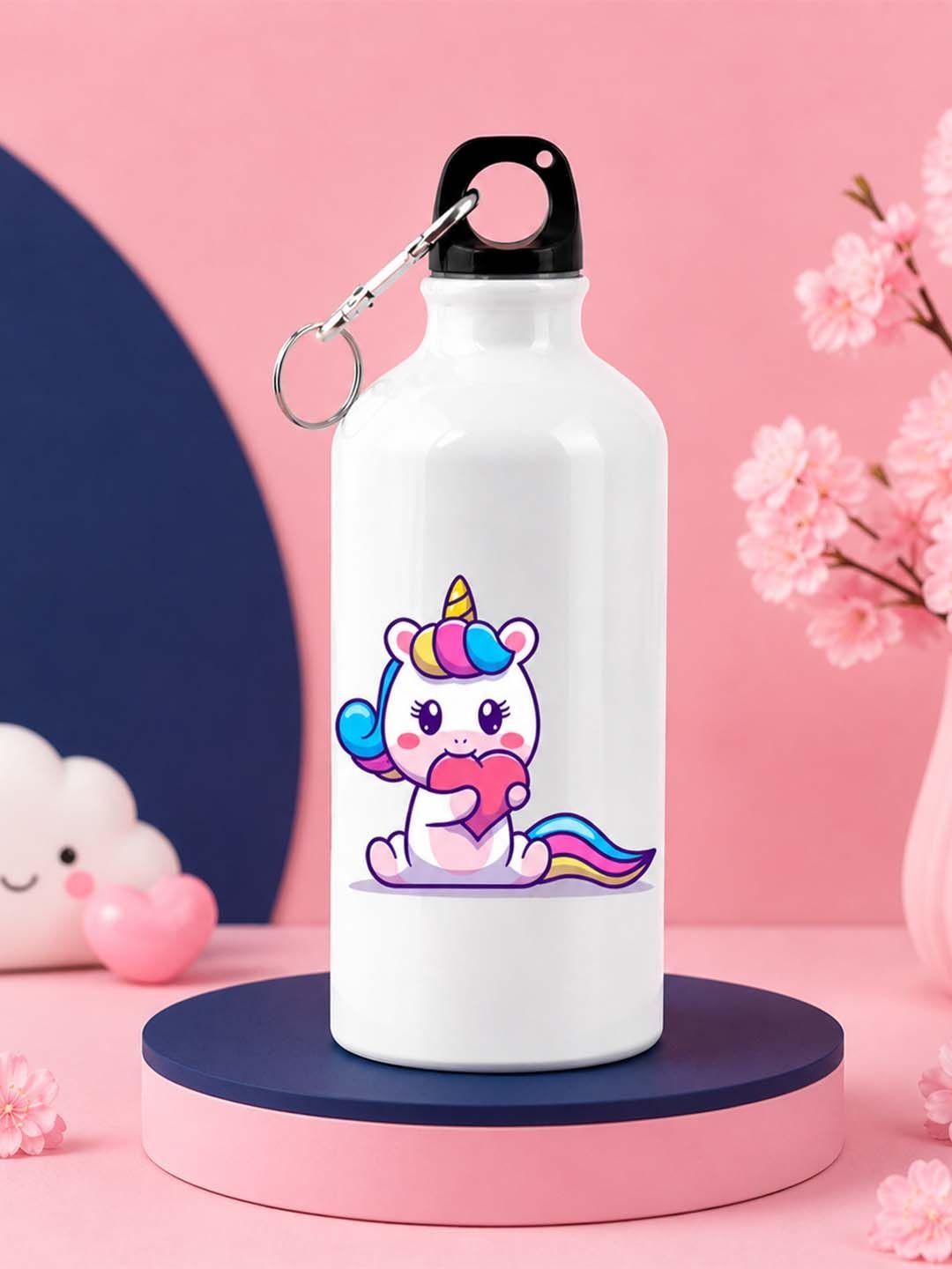 Giftii White & Pink Single Aluminium Cartoon Characters Water Bottle