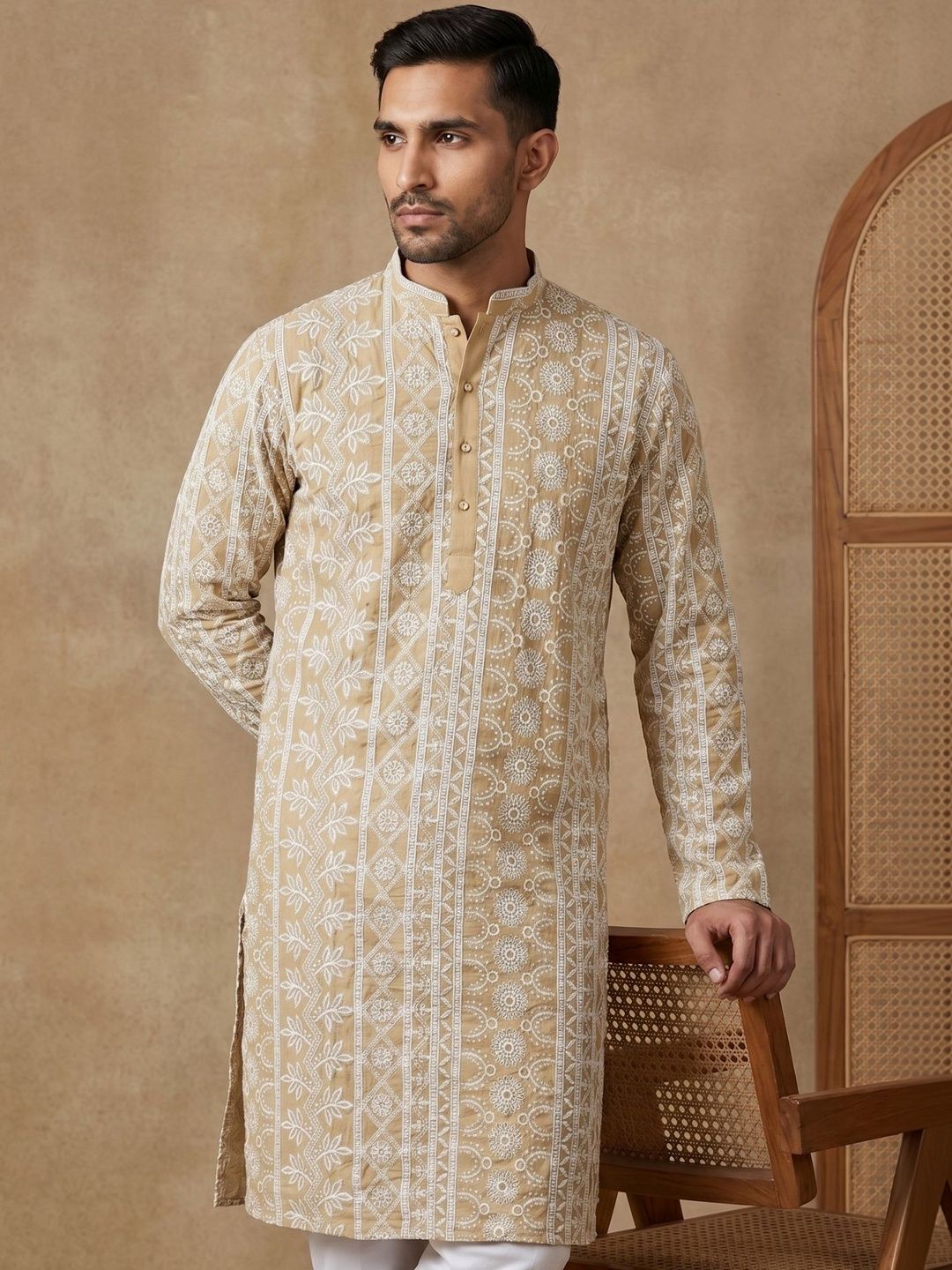 House of Pataudi Embroidered Mandarin Collar Knee Length Straight Kurtas