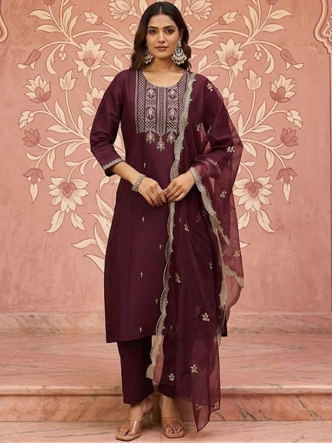 NAVYAAZRI Women Ethnic Motifs Embroidered Regular Thread Work Kurta with Trousers & With Dupatta