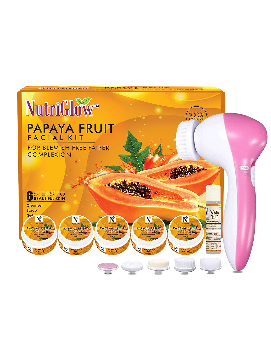 NutriGlow Papaya Fruit Facial Kit For Glowing Skin - Tan Removal With Face Massager