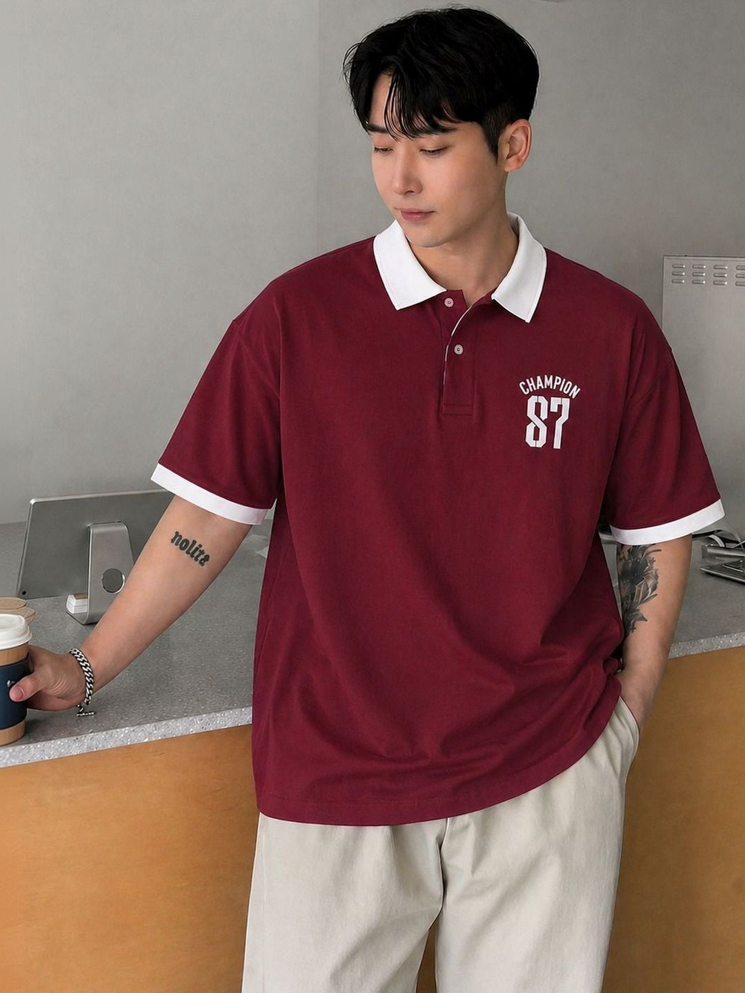 SCUBA Typography Printed Polo Collar Pure Cotton T-shirt