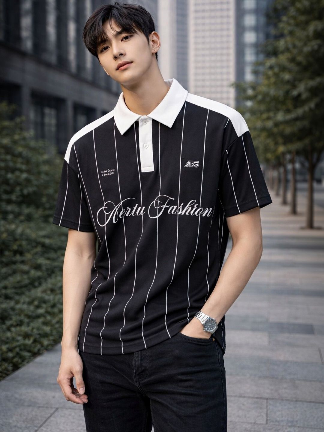 TRENDBITE Men Striped Polo Collar Pockets T-shirt