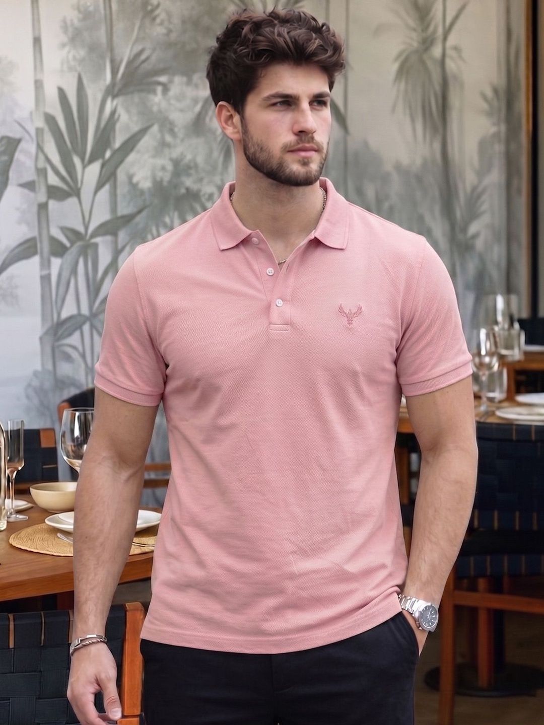 Utopium Men Brand Logo Polo Collar T-shirt