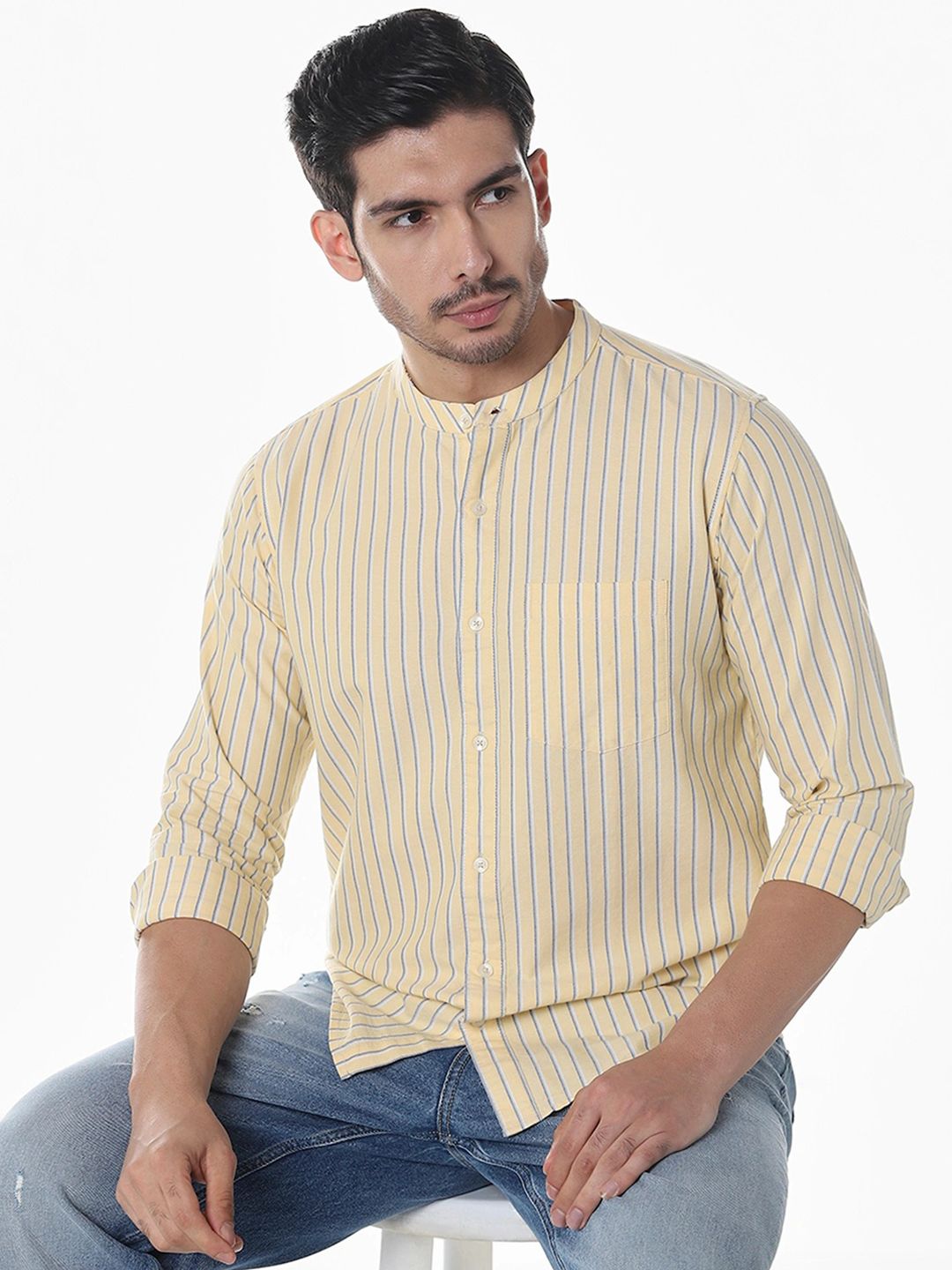 Klub Fox Men Slim Fit Vertical Striped Band Collar Cotton Casual Shirt