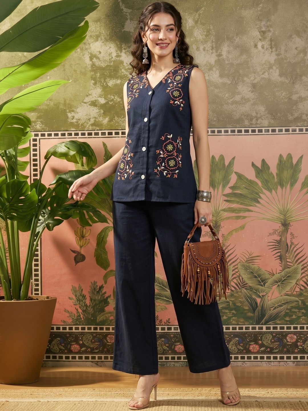 Sangria Bohemian Cotton Embroidered Top with Trousers