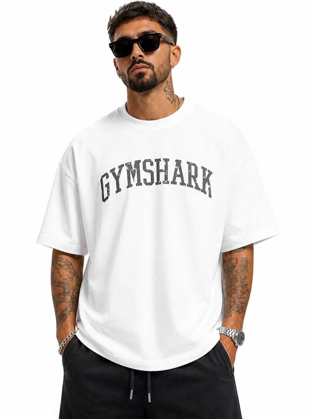 HASTEN GYMSHARK Brand Logo Round Neck Oversized T-shirt