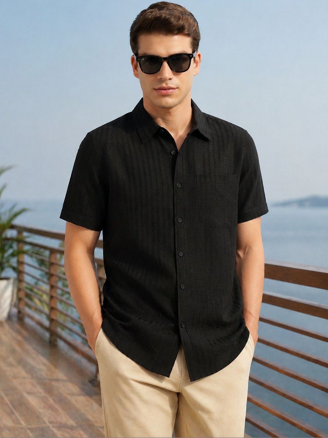 Thomas Scott Men Regular Fit Short Sleeves Spread Collar Polyester Casual Shirt