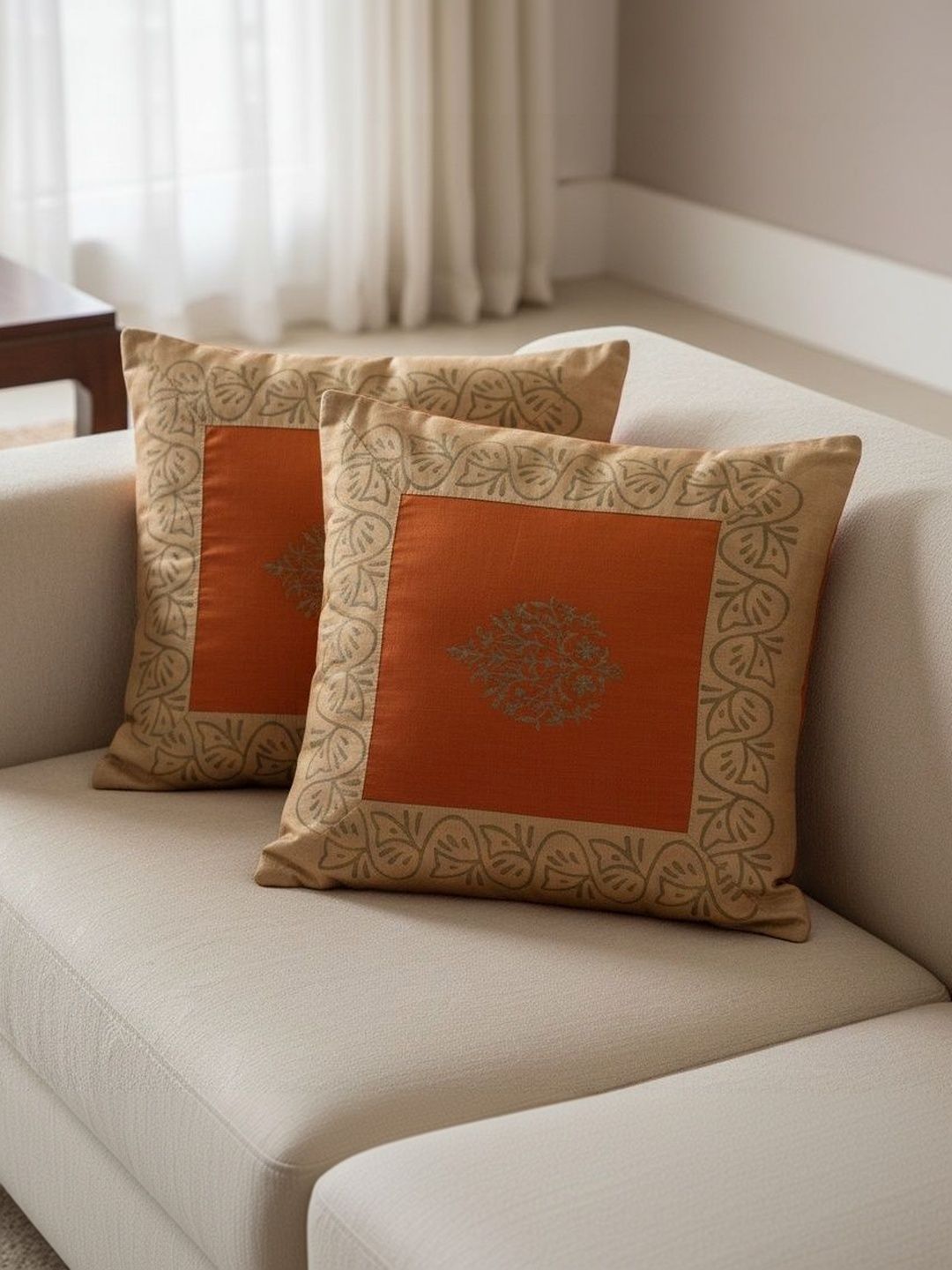 Themes Furnishings & Decor Themes Furnishings & Decor Orange & Beige Set of 2 Floral Square Cushion Covers