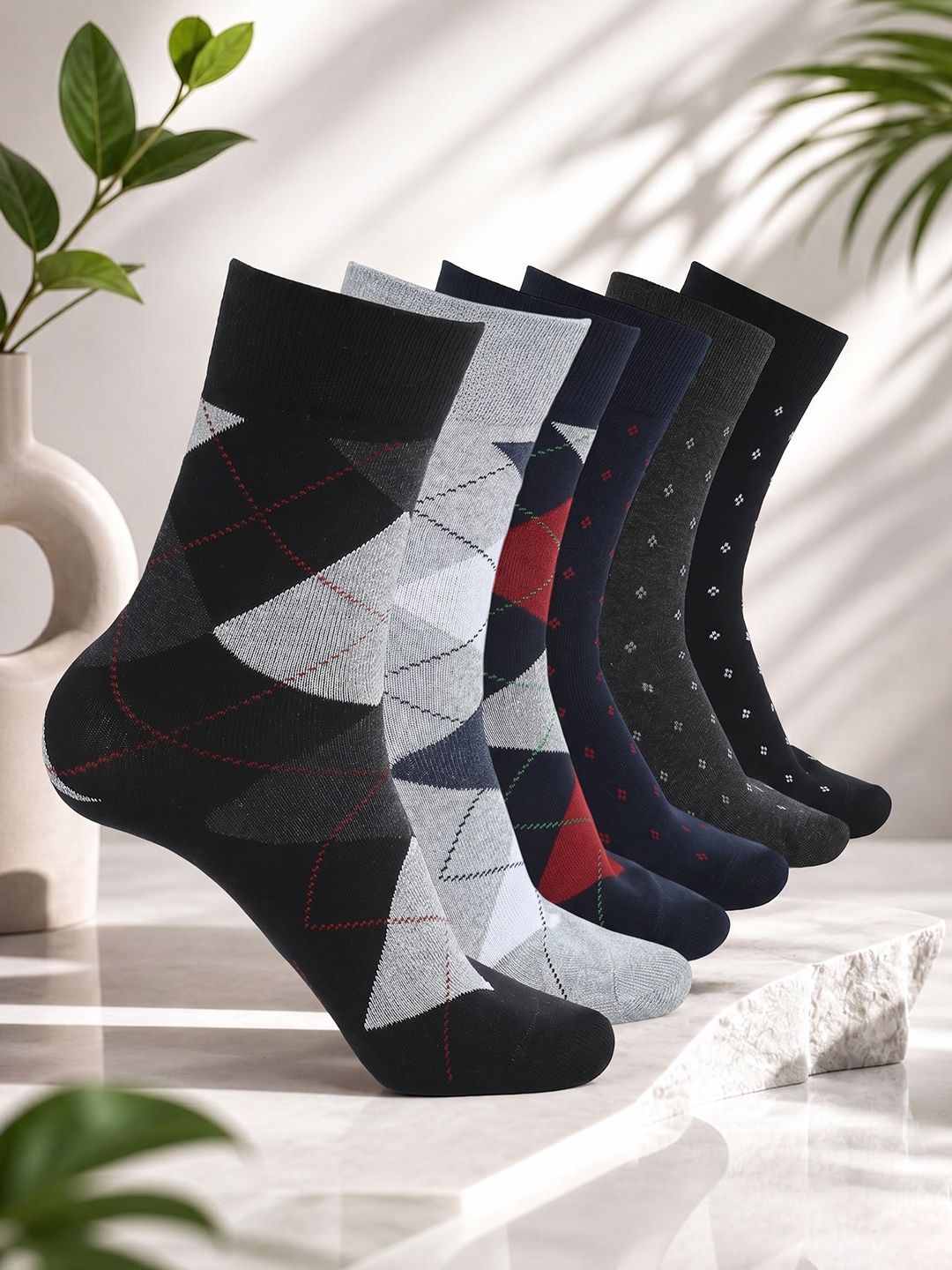 CRUSSET Men Pack of 6 Men Assorted Patterned Calf Length Formal Socks