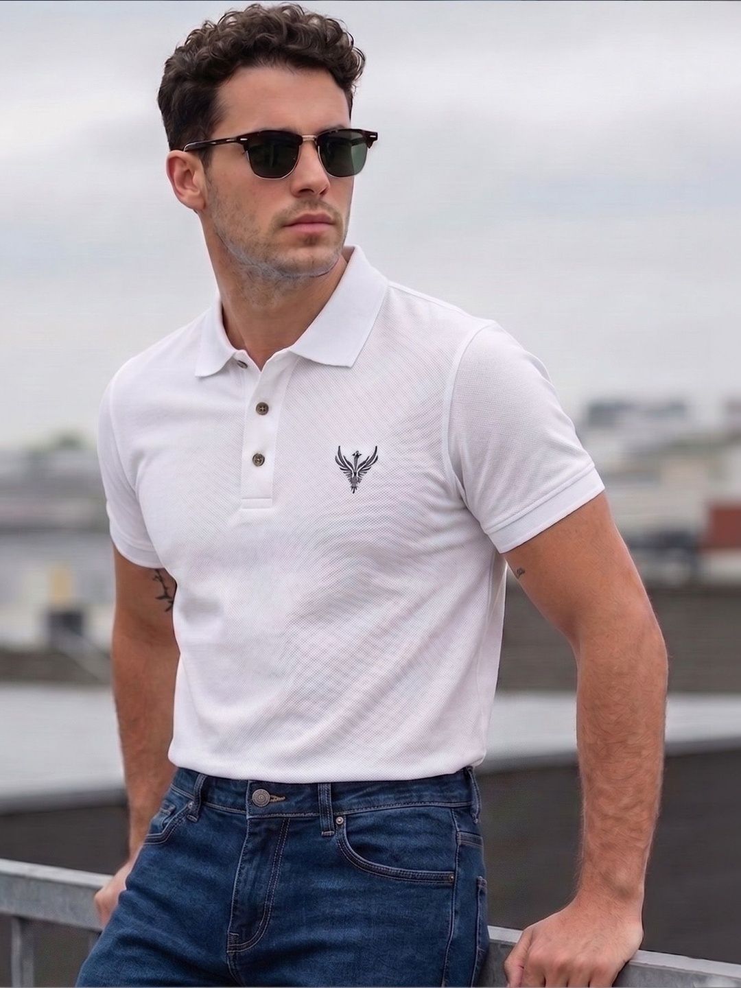Utopium Men Brand Logo Polo Collar T-shirt
