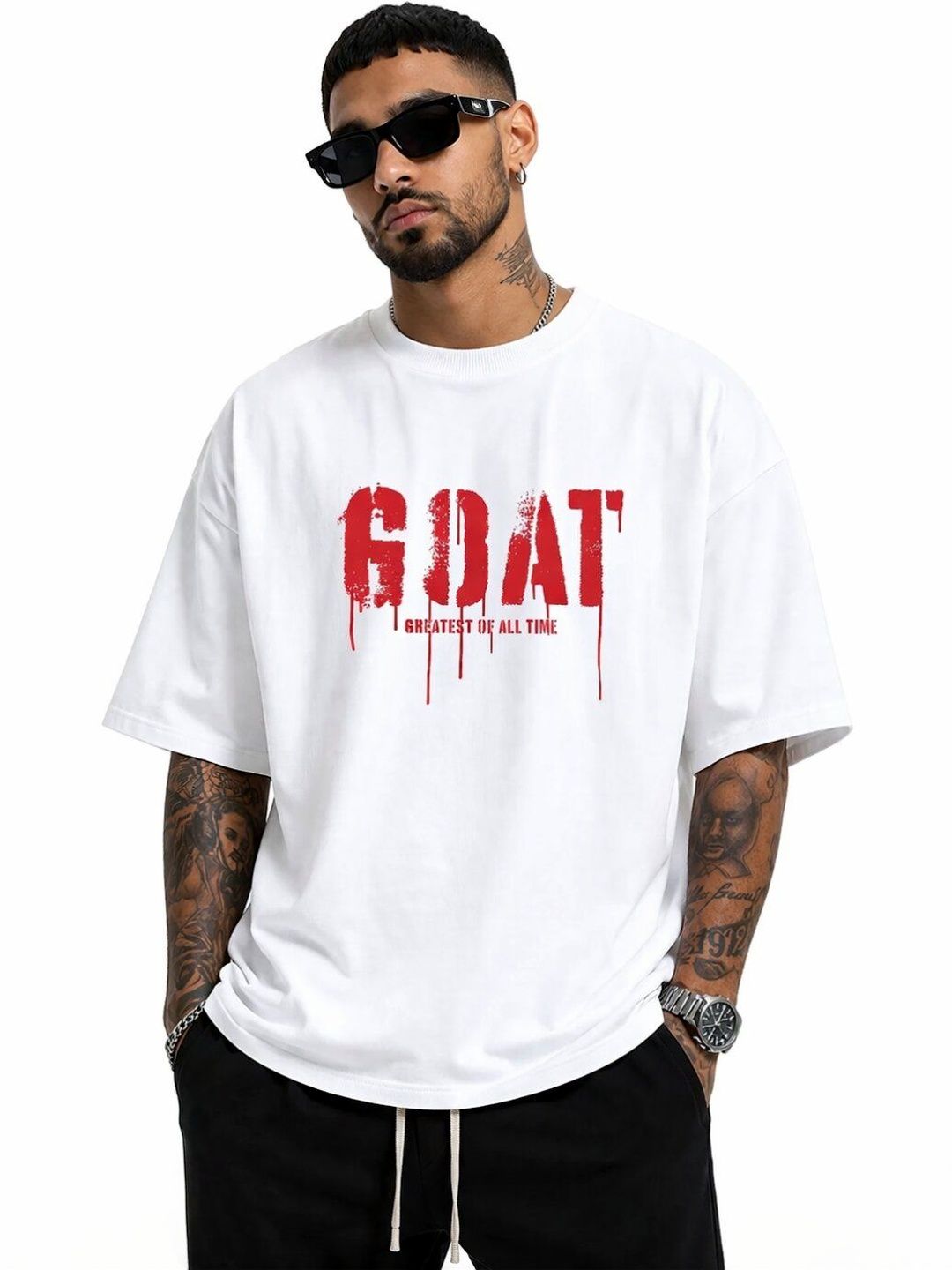 HASTEN GOAT Typography Printed Round Neck Oversized T-shirt