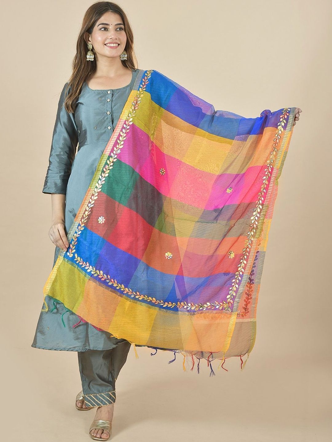Kuhika Woven Design Art Silk Dupatta with Mirror Work