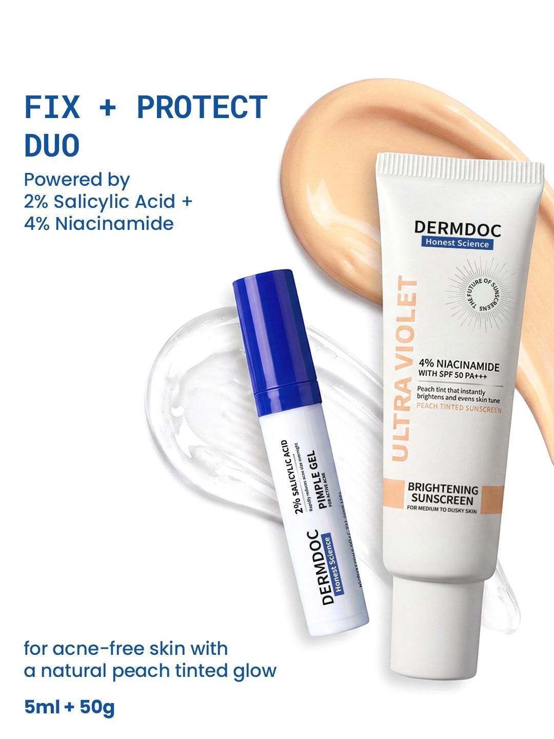 DermDoc Set Of 2 SPF 50 Peach Tinted Sunscreen -50 g & 2% Salicylic Acid Pimple Gel - 5ml