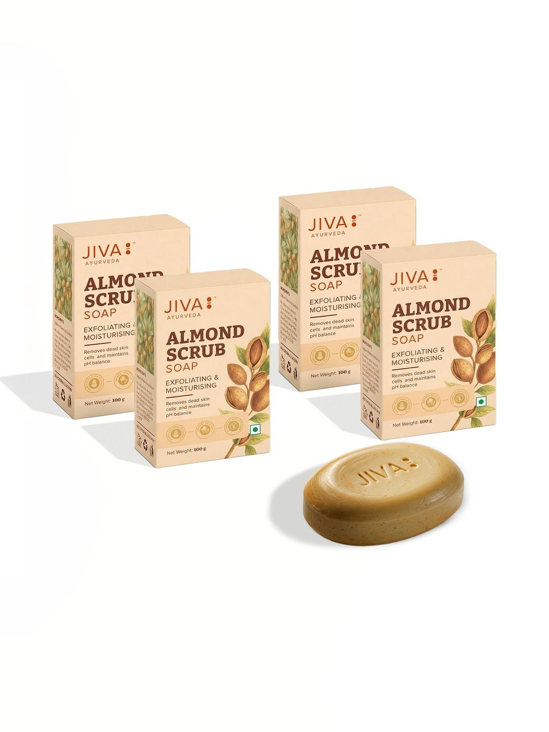 Jiva Set Of 4 Ayurveda Exfoliating & Moisturising Almond Scrub Soaps -100 g Each