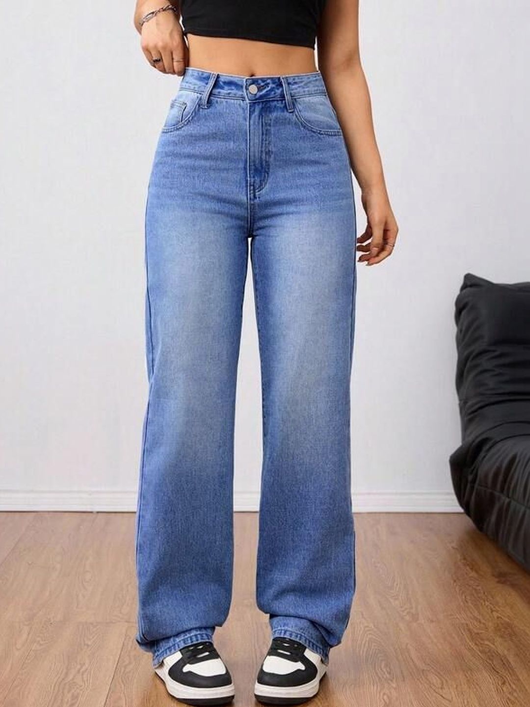 Crazeis Women Comfort Straight Fit High-Rise Light Fade Acid Wash Stretchable Jeans