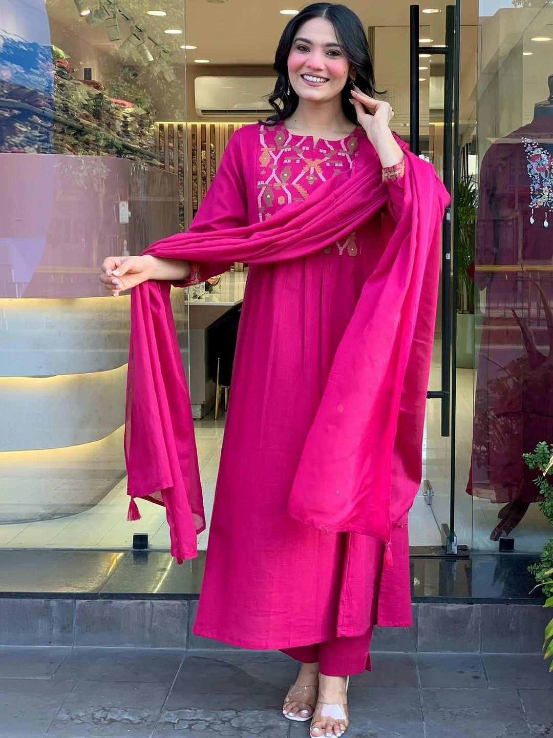 ANAND Women Ethnic Motifs Embroidered Pleated Thread Work Kurta with Trousers & With Dupatta