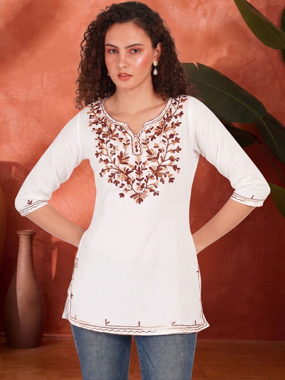 Sangria Floral Embroidered V-Neck Thread Work Pure Cotton Thread Work Kurti