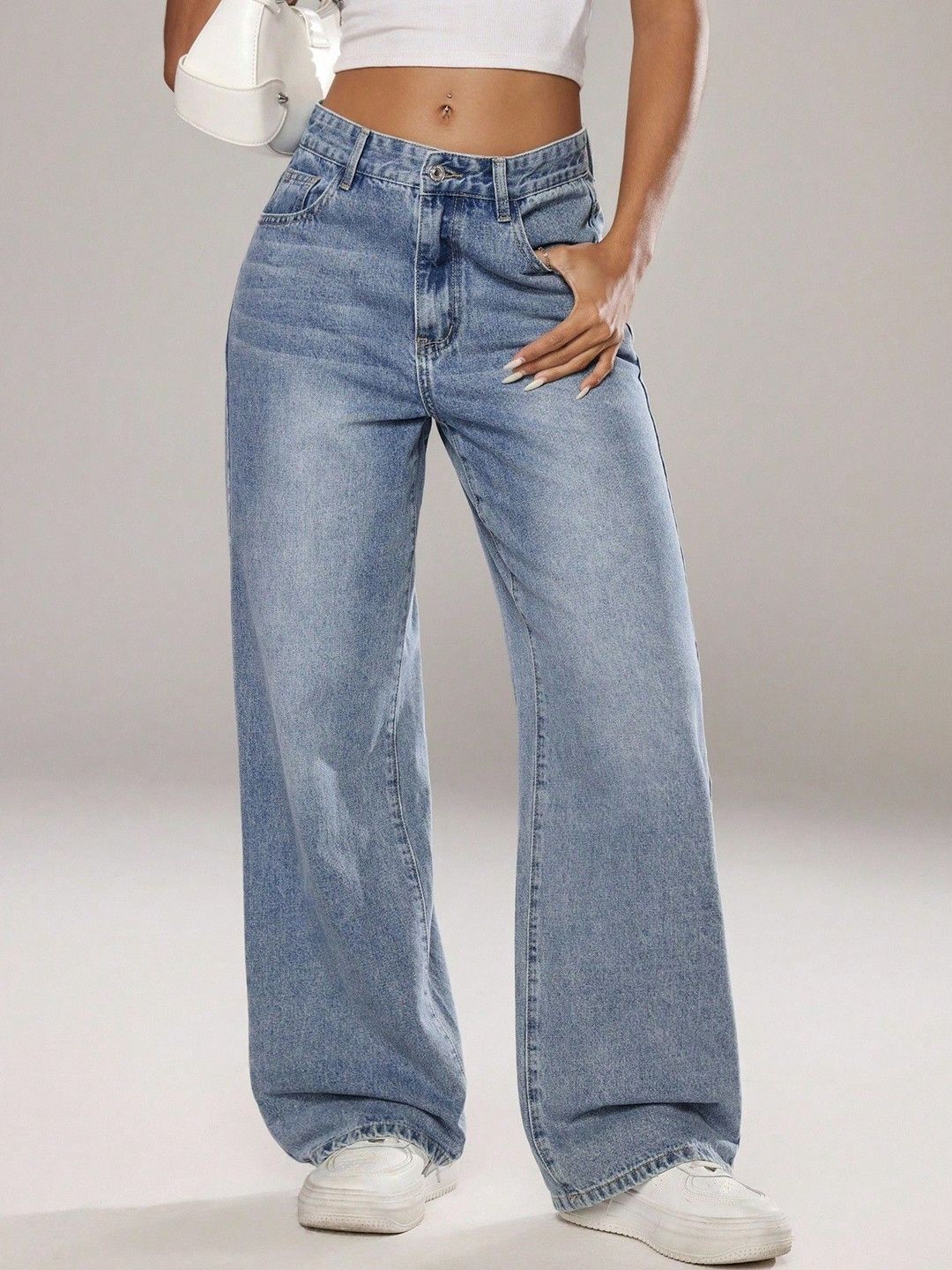 Crazeis Women Comfort Straight Fit High-Rise Light Fade Acid Wash Stretchable Jeans