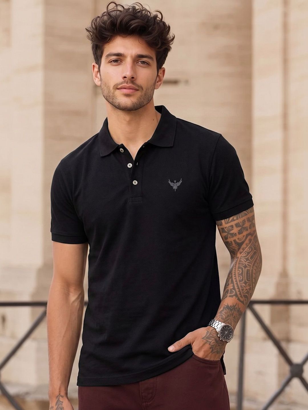 Utopium Men Brand Logo Polo Collar T-shirt