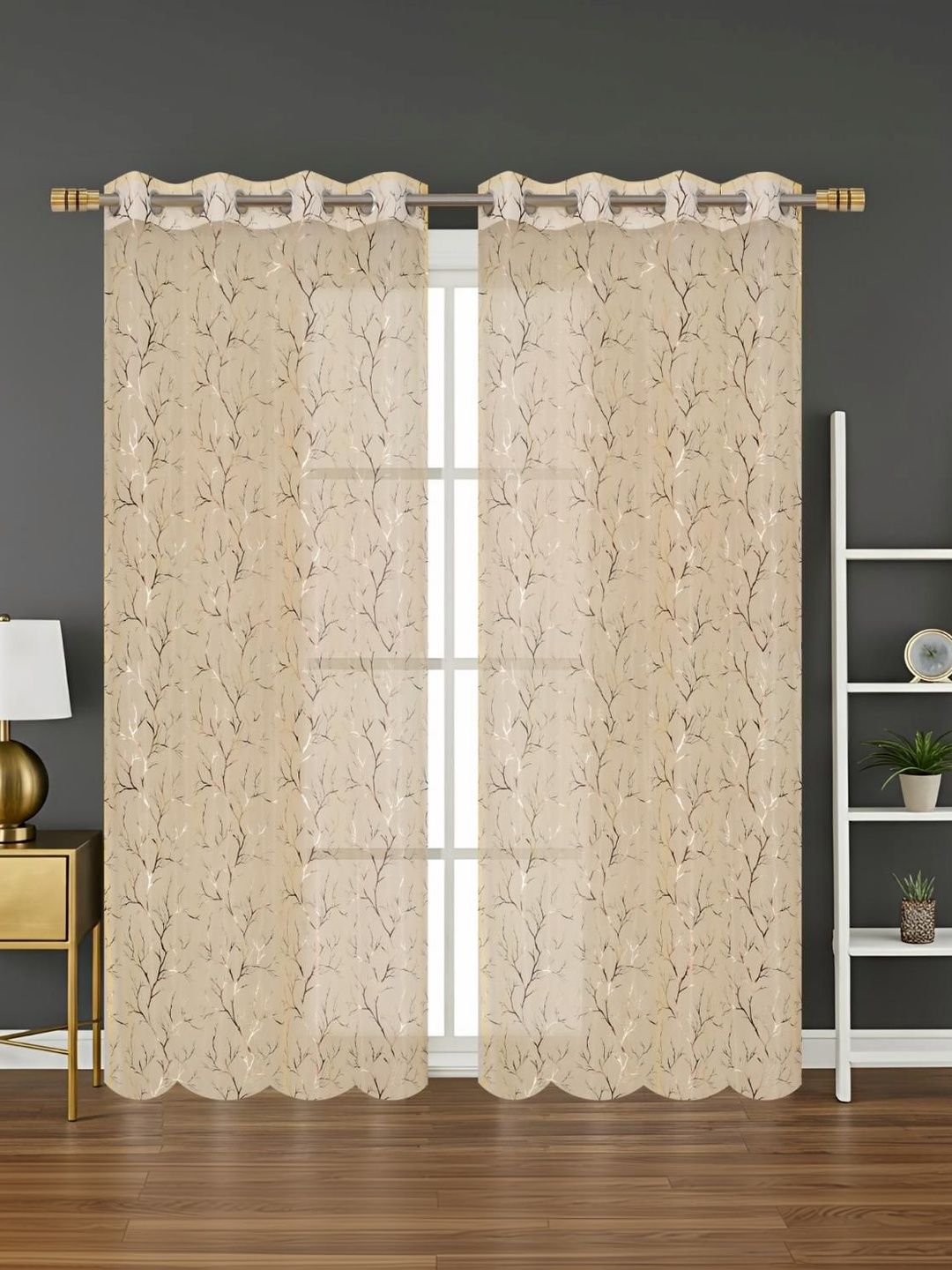 RIDHAAN Cream-Coloured Set of 2 Sheer Long Door Curtain