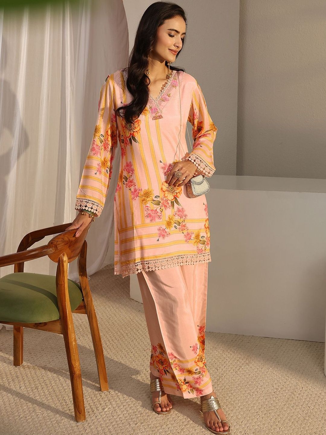 Libas Libas Peach Floral Printed Straight Kurta Set