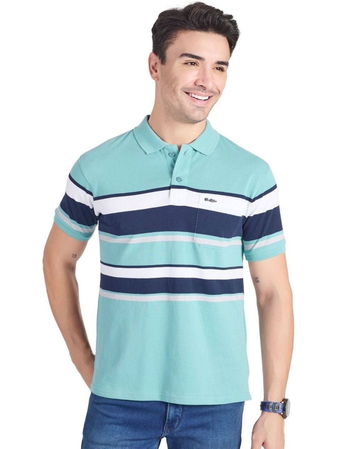 PRORIDERS Men Striped Polo Collar Pockets T-shirt