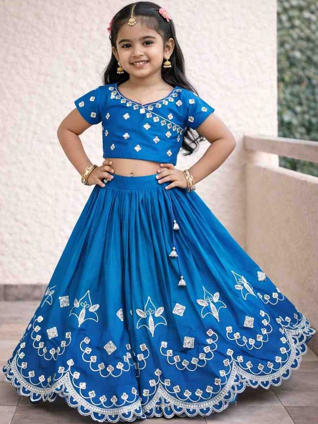 Sangria Girls Embroidered V-Neck Flared Lehenga Choli