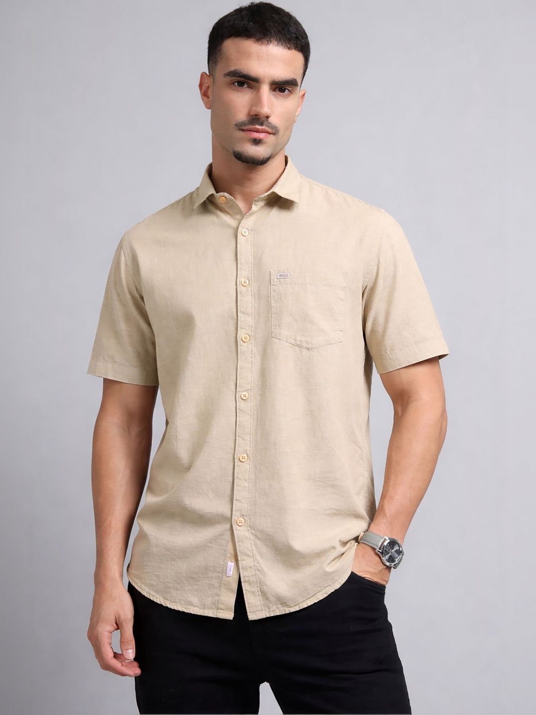 U.S. PITCHERS Beige Solid Casual Shirt with Curved Hem