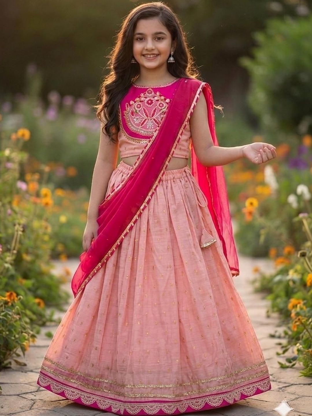 RJ ONLINE Girls Embroidered Foil Print Ready to Wear Lehenga & Blouse With Dupatta