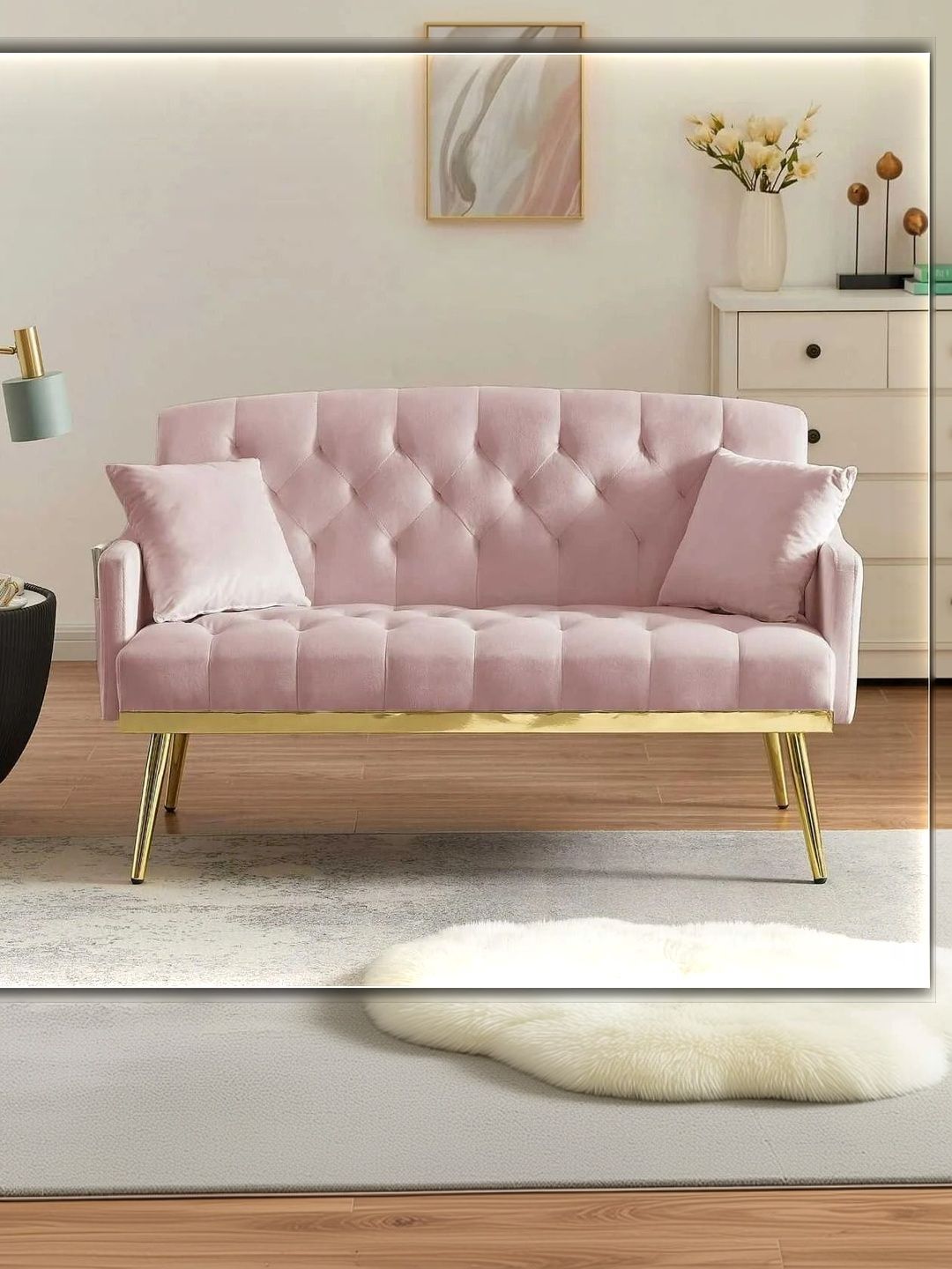 INDIAWOODMART Pink Textured Wooden 2 Seater Sofa