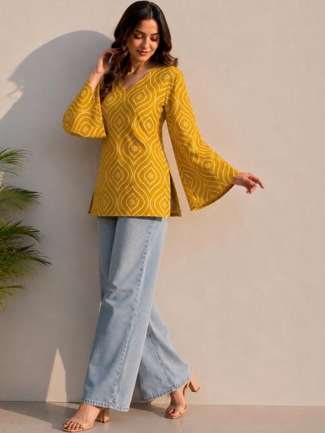Sangria Printed V-Neck Above Knee Straight Kurtas