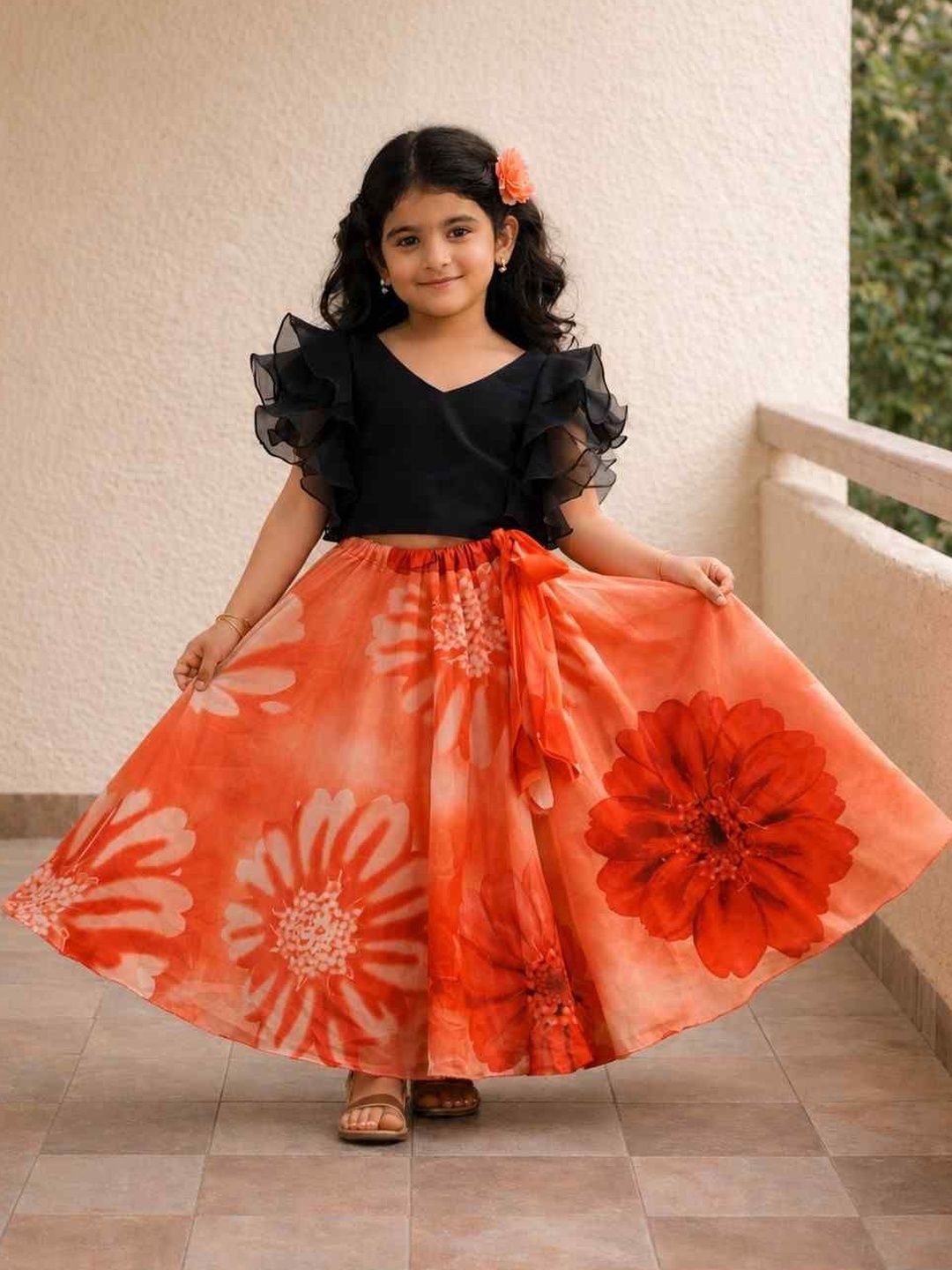 Sangria Girls Printed V-Neck Flared Lehenga Choli