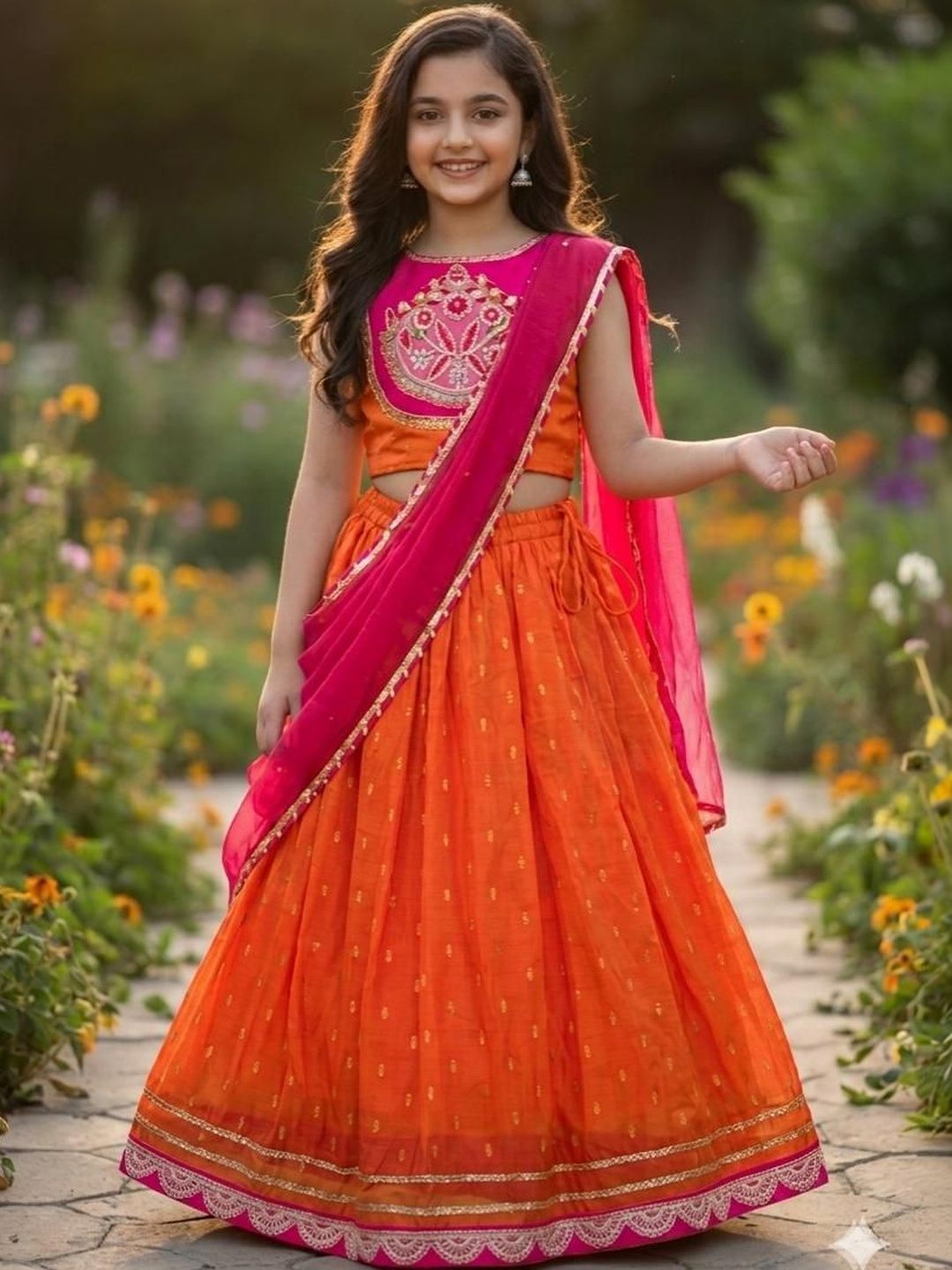 RJ ONLINE Girls Embroidered Thread Work Tie and Dye Lehenga & Blouse With Dupatta