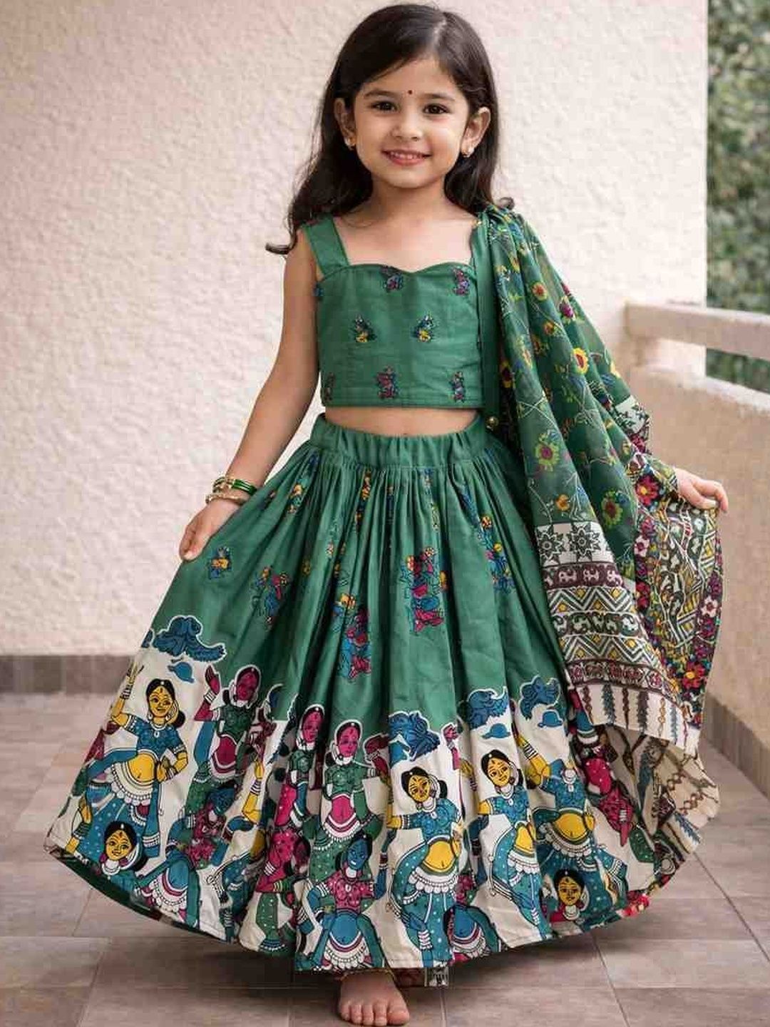 Sangria Girls Printed Square Neck Flared Lehenga Choli