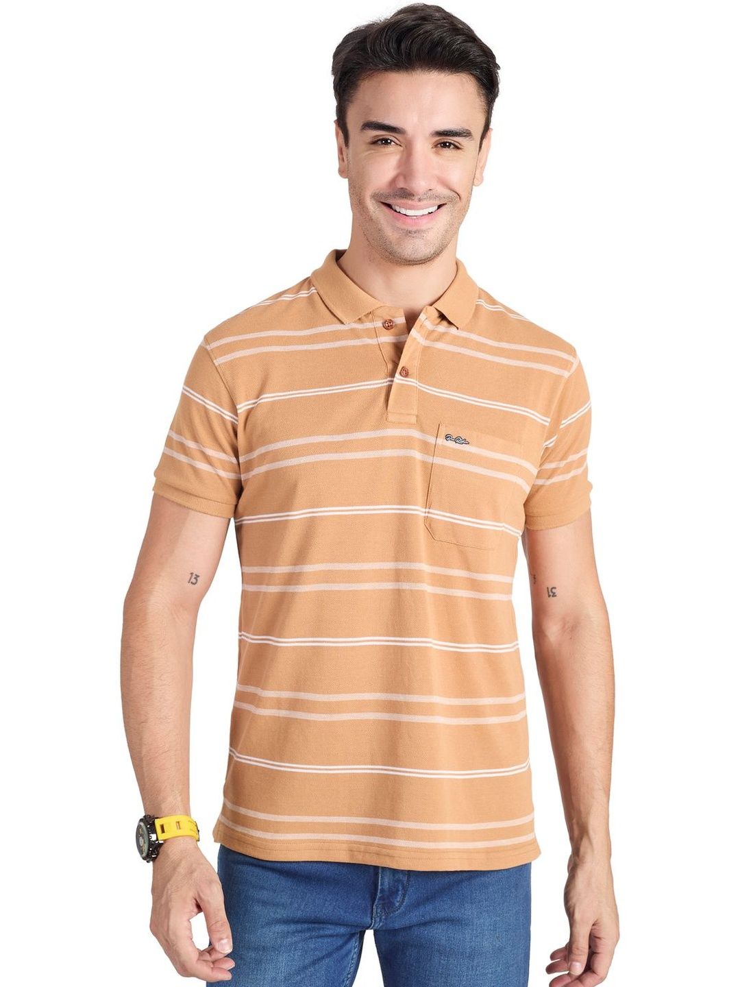 PRORIDERS Men Striped Polo Collar Pockets T-shirt
