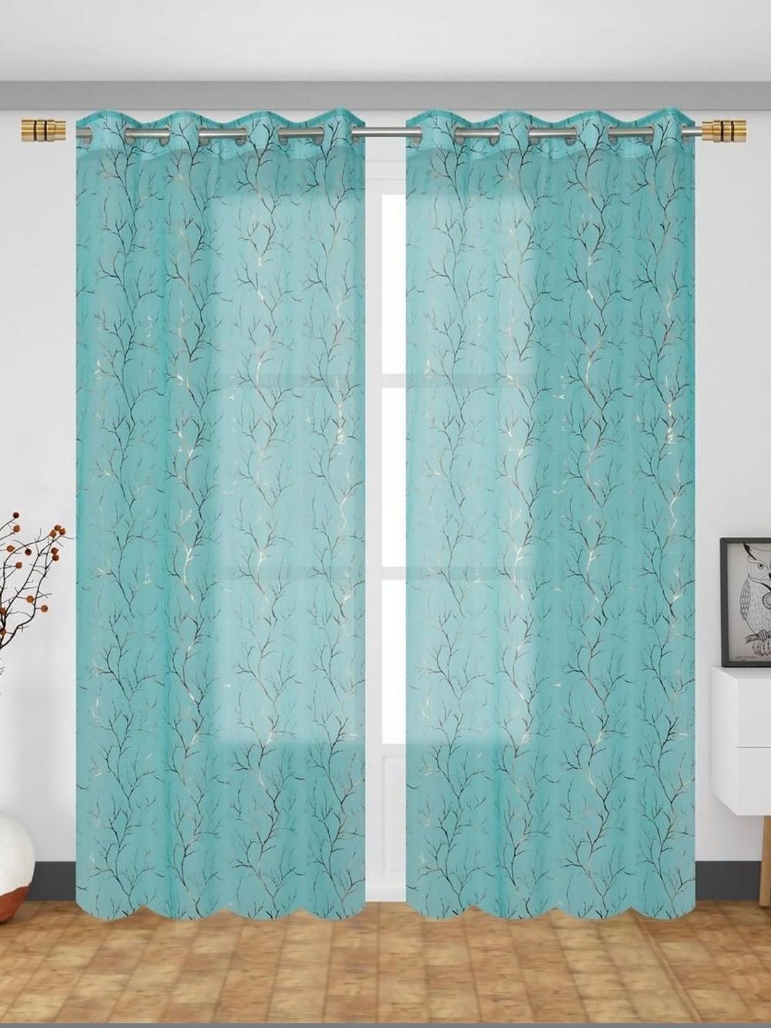RIDHAAN Blue Set of 2 Sheer Long Door Curtain