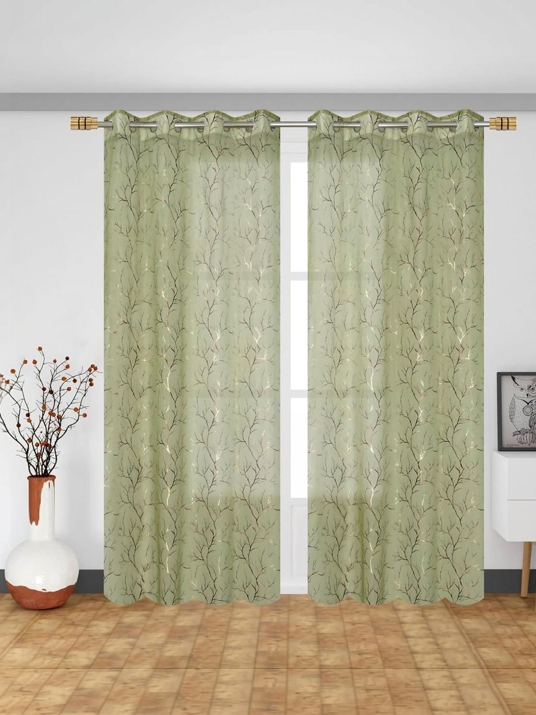 RIDHAAN RIDHAAN Green Set of 2 Sheer Door Curtain