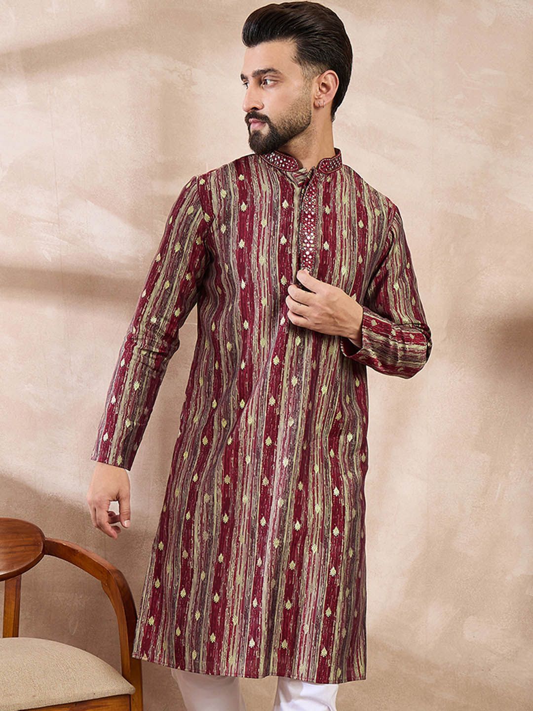 House of Pataudi Printed Mandarin Collar Knee Length Straight Kurta