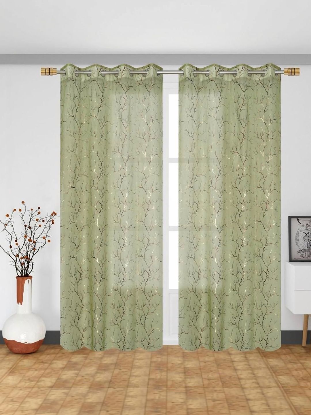 RIDHAAN Green Set of 2 Sheer Long Door Curtain