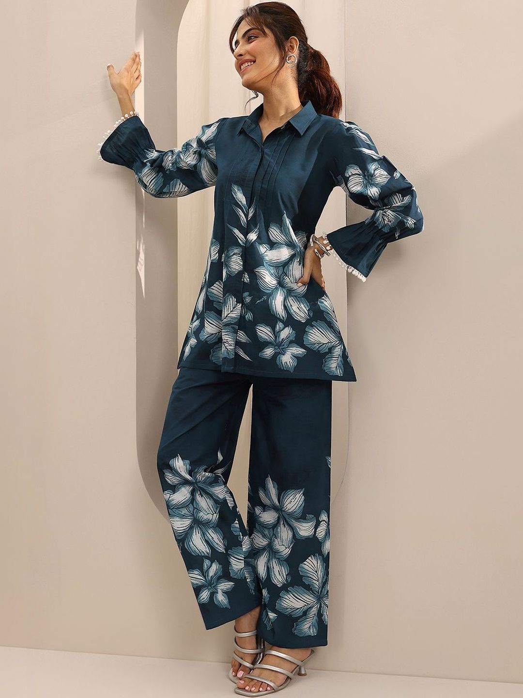 Libas Libas Tropical Printed Shirt Collar Shirt With Palazzos