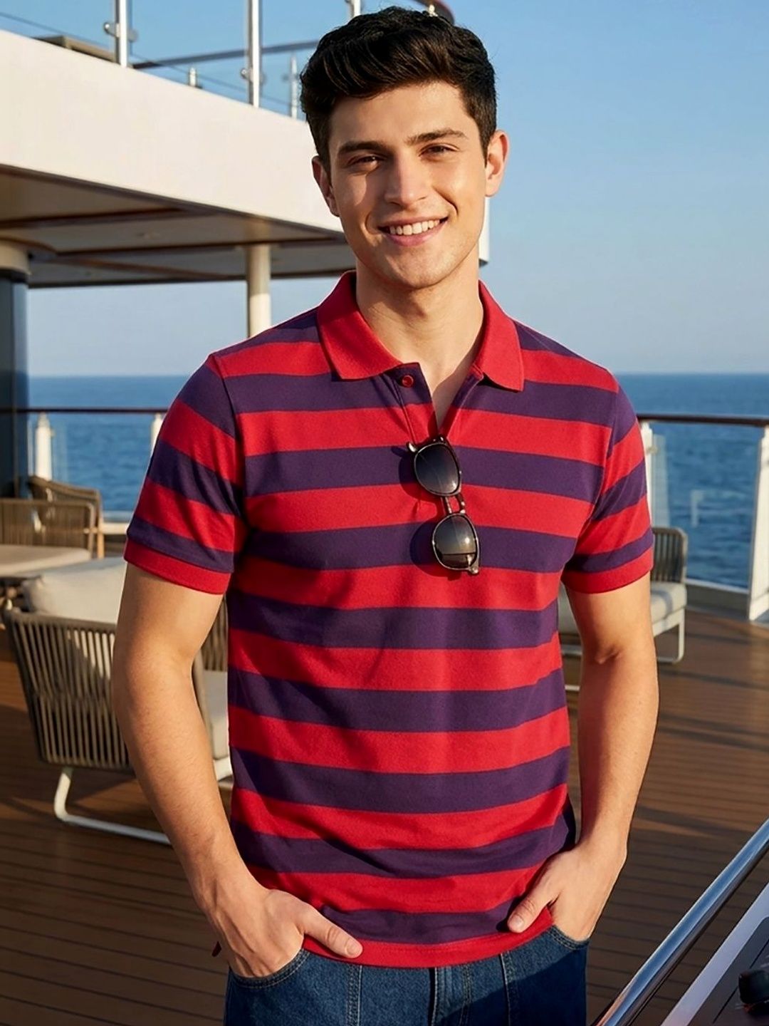 SZN Men Striped Polo Collar T-shirt