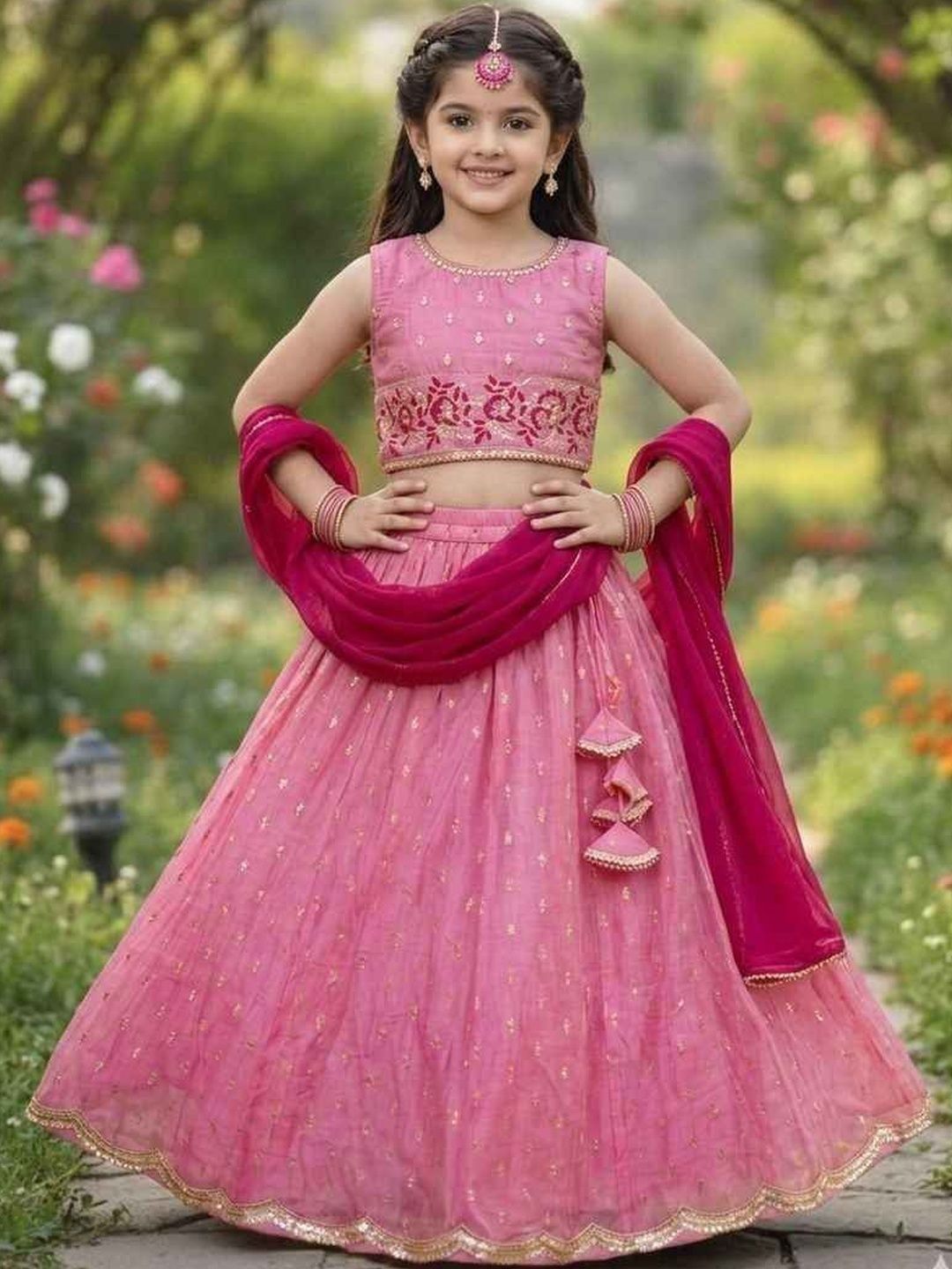 RJ ONLINE Girls Embroidered Thread Work Foil Print Ready to Wear Lehenga & Blouse With Dupatta