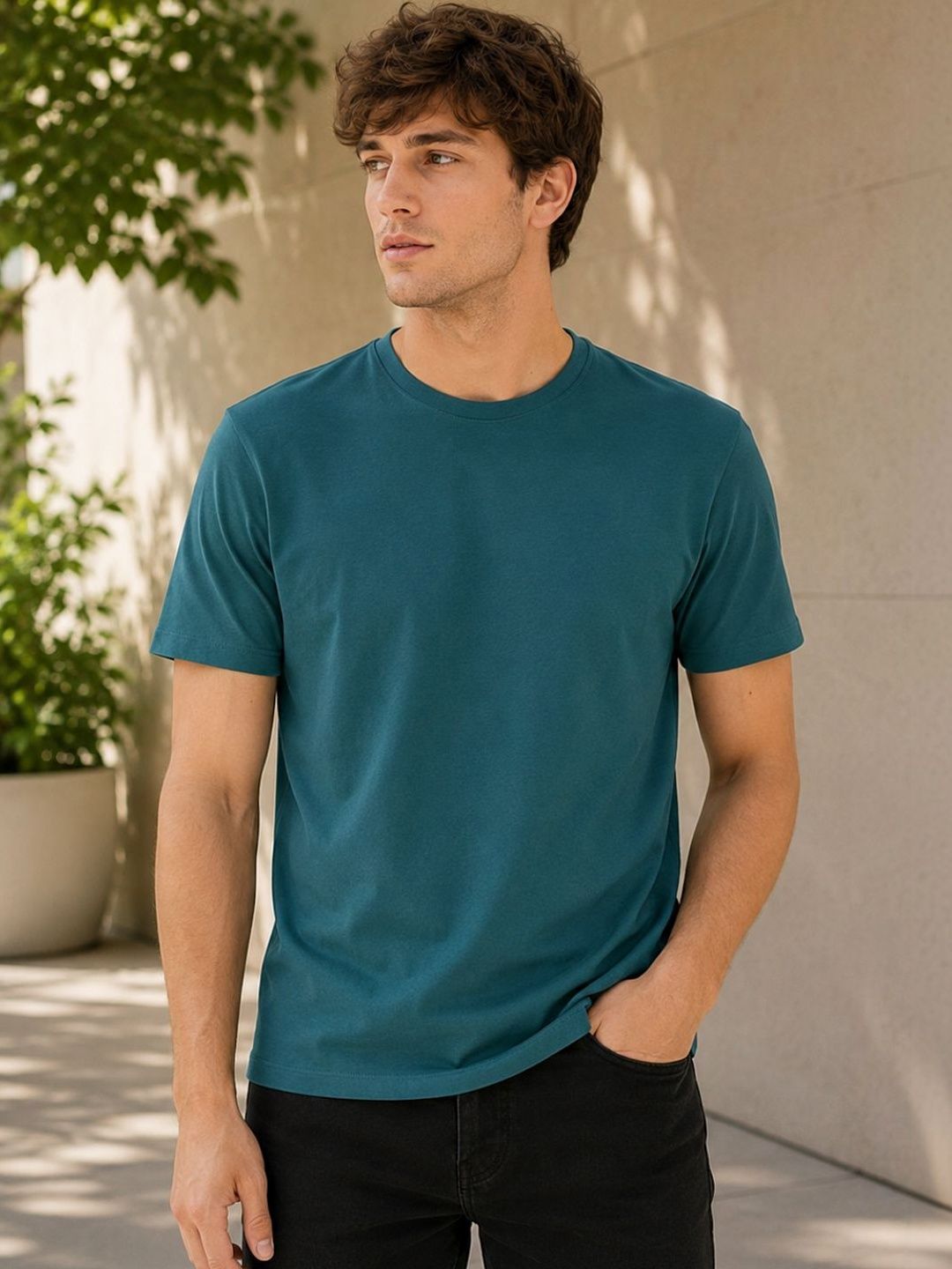 Mast & Harbour Rigo Men Teal Soild Round Neck Regular Fit Cotton T-shirt