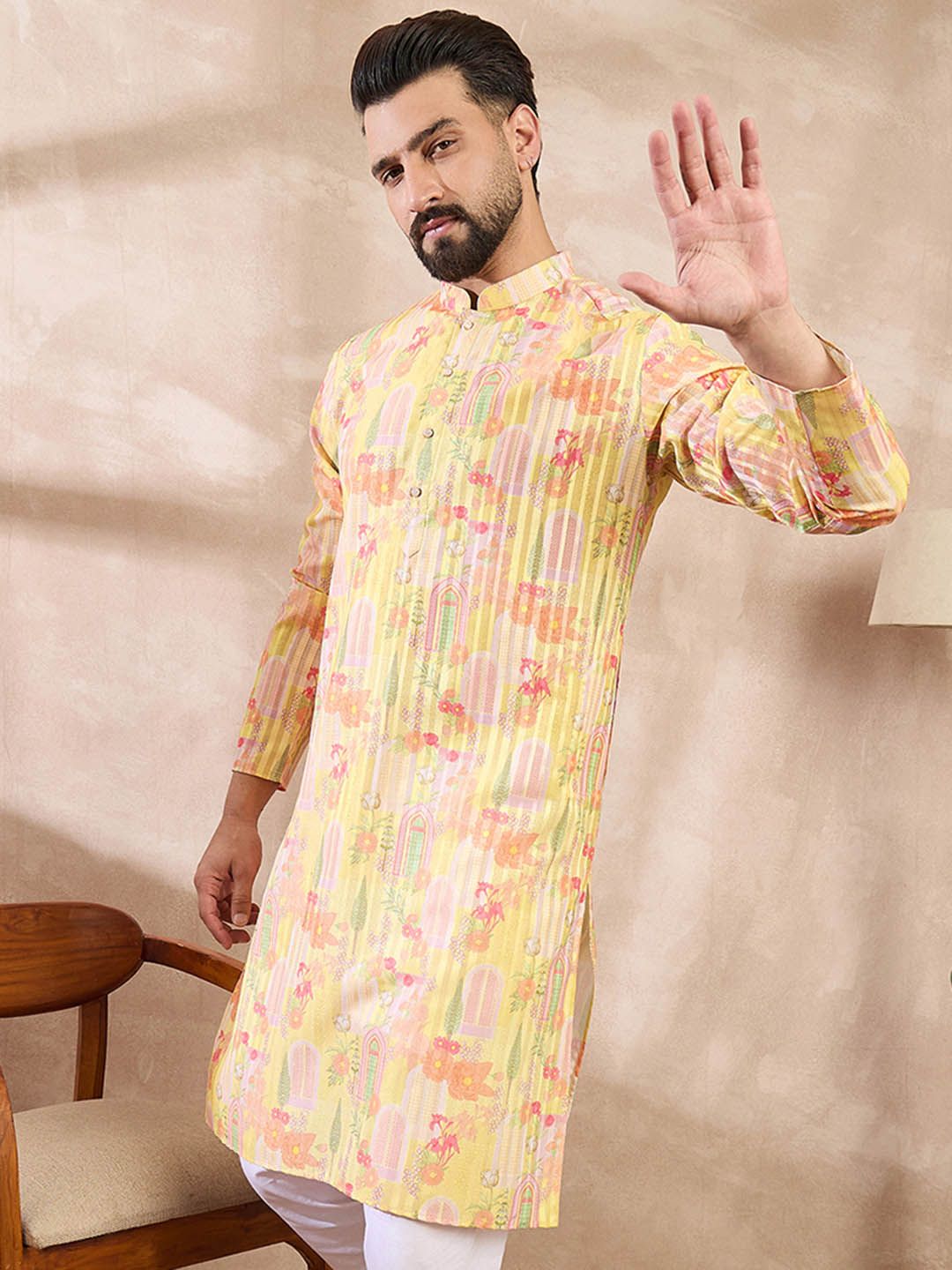 House of Pataudi Printed Mandarin Collar Knee Length Straight Kurta
